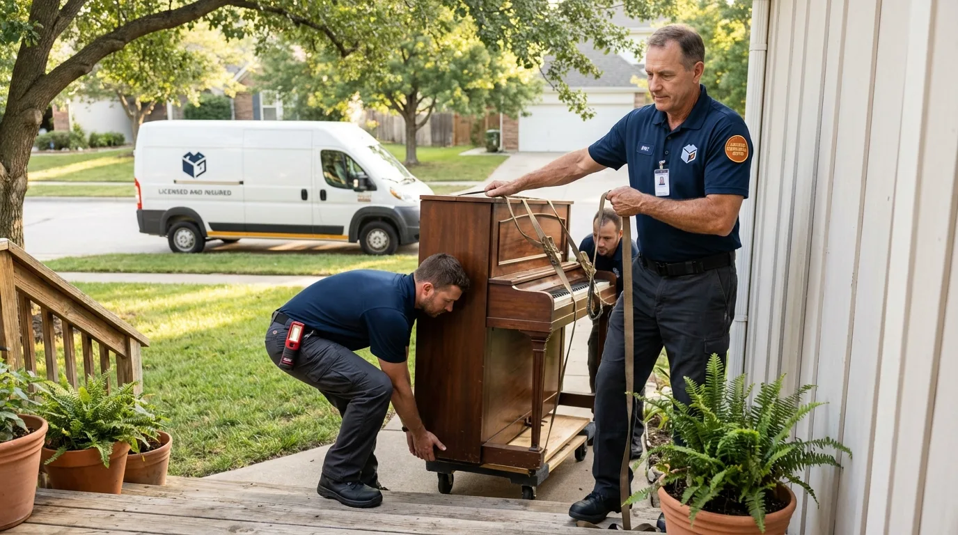 Licensed piano movers securing grand piano in Gordon, NE