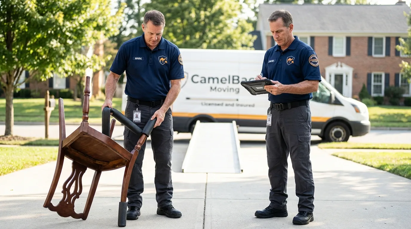 Movers inspecting furniture for damage prevention before loading in Gordon, NE